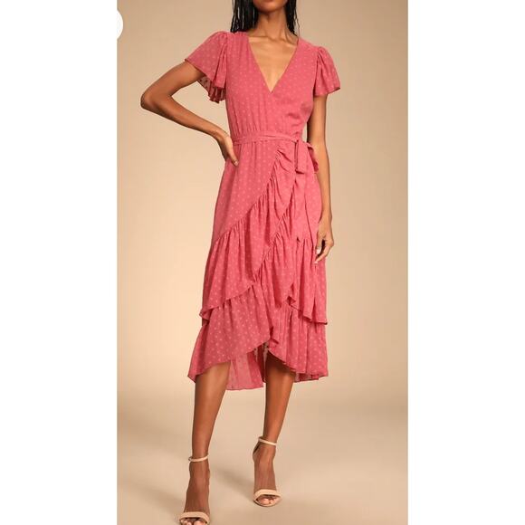Lulus - Mauve Swiss Dot Ruffled Wrap Midi Dress / L / pink - Picture 1 of 5